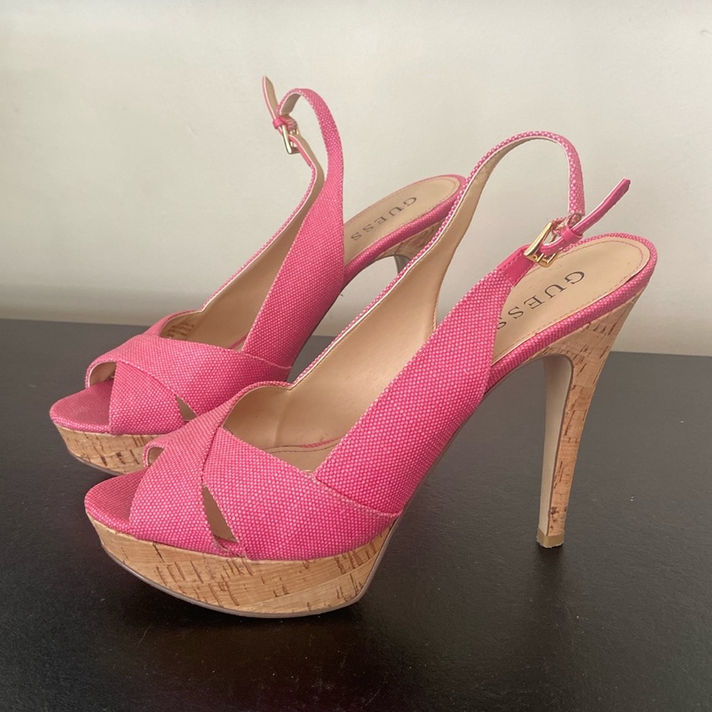 Pink fabric Guess peep toe cork heels size 8.5